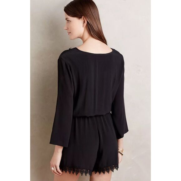 NWT Anthropologie Elevenses Lace-Trimmed Romper 3/4 Sleeves V-Neck in Black Sz M - Picture 3 of 15